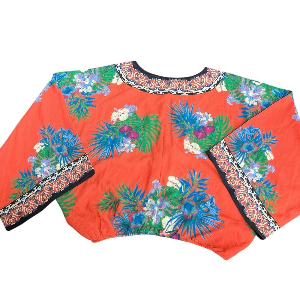 Flying Tomato Orange Floral Kimono Sleeve Surplice Cropped Top Blouse S - Picture 9 of 11